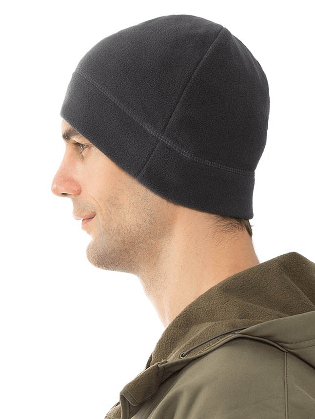 Side view of unisex windproof fleece sports hat for fishing and hunting, showcasing a snug wool design in cold weather.